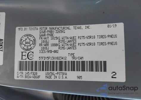 2019 Toyota Tundra Sr5 Plus 5.7L V8 из США, поврежденный, VIN 5TFDY5F13KX823412